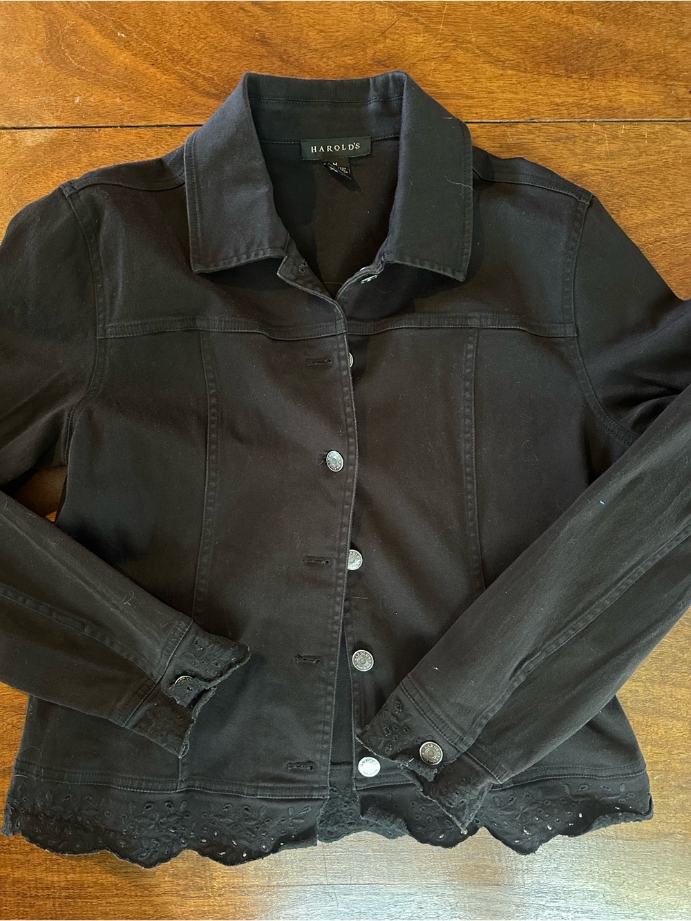 Harold’s Black Cotton Jacket with Eyelet Trim | Scalloped Hem | Women’s Medium